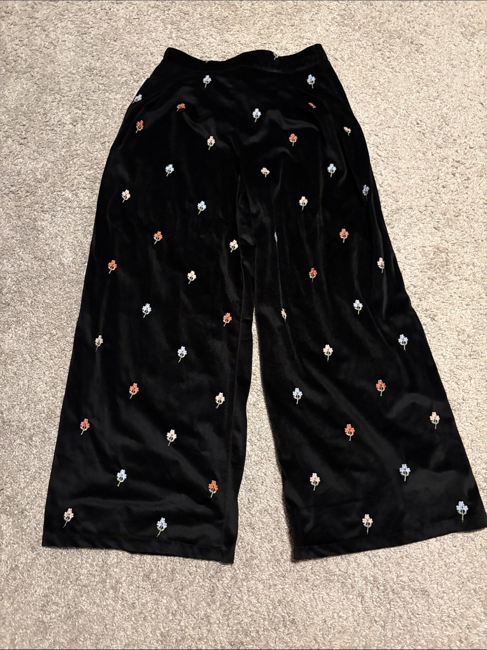 Cider Black Velvet Wide-Leg Pants with Multicolor Floral Embroidery